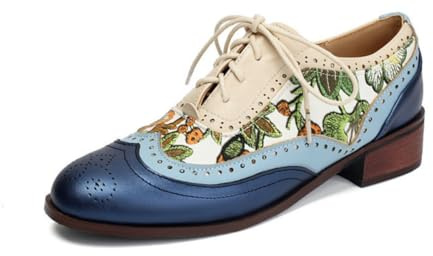 Dam vintage Brogue Oxfords etnisk broderi rund tå skor med snörning stängning tjock låg klack casual platta skor, BLÅ, 38.5 EU