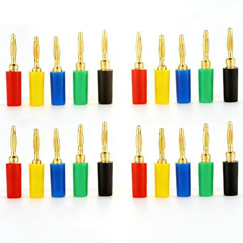 Uadme Mini Bananenstecker 2mm, 20 Stück Lautsprecher Anschlussstecker, Banana Steckverbinder Gold Überzogen Audio Lautsprecherkabel Stecker für Verstärker