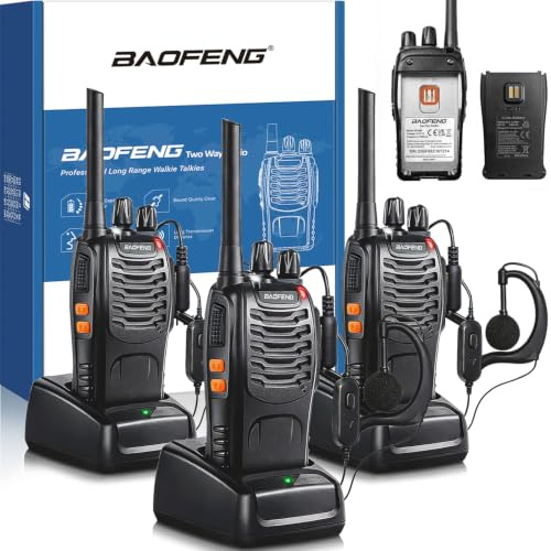 Talkies-Walkies Professionnels à Longue portée pour Adultes - Batterie Rechargeable, Radio bidirectionnelle à 16 canaux, Chargeur USB, écouteur avec Fonction VOX (Noir, 3-Pack)