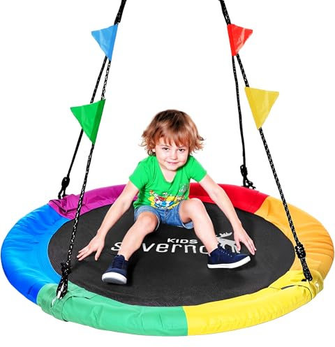 SEVERNO Balançoire pour enfants BONBON, Ø 100 cm, hauteur réglable de 140 à 180 cm, capacité de charge 150 kg, multicolore avec fanions