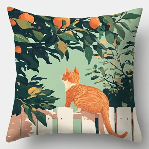 ANSIWEIGO Kit Point Noué Coussin,Canevas à Nouer 43x43 cm,Activité DIY pour Débutants, Enfants et Adultes,Décoration Maison et Cadeau Fait Main,Chat cueillant des fruits