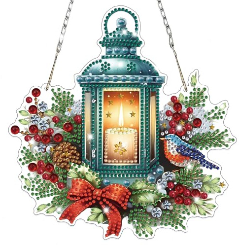 Lxmsja Weihnachten Diamond Painting Anhänger, 5D Diamond Painting Fensterbilder Kerzenlicht für Erwachsene Kinder, Weihnachtsgeschenke Bastelset Kreativ Set Ornament Tür Fenster Wand Decor