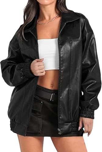 Veste de moto en cuir surdimensionnée pour femme, manteau aviateur tendance pour l'automne et l'hiver, tenue de sortie femme, noir, taille XL