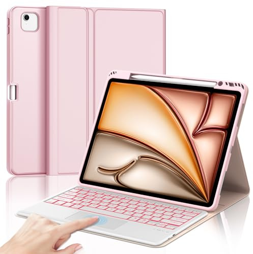 IVEOPPE Funda Teclado para iPad Air 13 M4 2026/M3 2025/M2 2024 13 Pulgadas | Capa Keyboard Touchpad Retroiluminado, QWERTY Español Ñ, Bluetooth Magnético Desmontable con Portalápices, Rosa claro