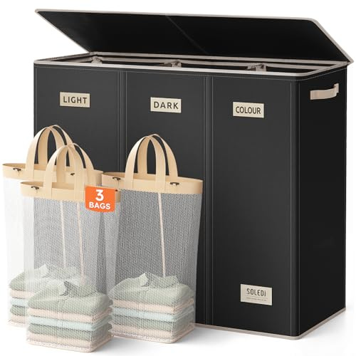 SOLEDI 200L Laundry Basket 3 Compartments, Extra Large Laundry Hamper with Lid, Clothes Basket with Laundry Bag, Sturdy Laundry Storage Organizer for Laundry Room, Bedroom, Bathroom, Dorm, Black