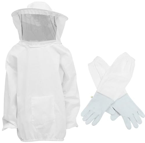 ORFOFE Traje de Apicultor Blanco Transpirable de 2 Piezas Guantes Largos para Exteriores Uniforme Resistente y Cómodo para Apicultura Profesional y Trabajo Colmenas