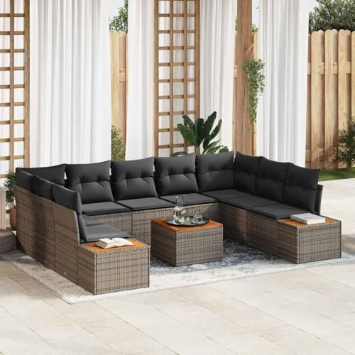 Ordellia Trädgårdssockset med kudde, 5 delar, grå polyrotting, modulär loungesoffa med förvaringsutrymme, väderbeständig för terrass och trädgård, 289 x 209 x 85 cm