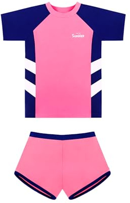 Girls 2-Piece Rash Guard Swimwear Set, Short Sleeve Swim Top and Shorts, Kids Swimming Costume for Beach and Pool, Ages 6–14 Years