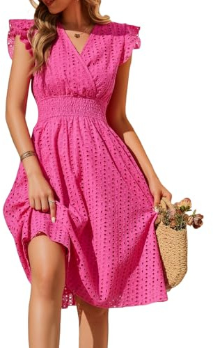heekpek Robe Ete Femme Mi Longue Coton Col en V Robes Casual Taille Haute Ligne A sans Manche à Volants Robe Boheme Chic Detente Crochet Dentelle Jupe avec Poche, Rose, L