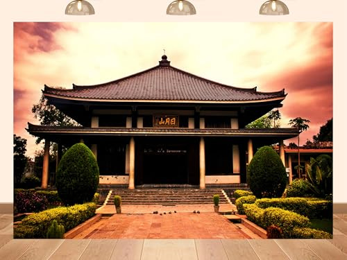 PEKRU 8x8ft Fabric Riyue Mountain Chinese Architecture Backdrop, Traditional Pavilion Sunset Sky Background for Cultural Portraits Travel Shoots & Elegant Style Photo Shoot Studio Props