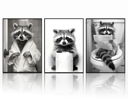 3er Set Lustiges Schwarz-Weiß Tier Leinwand–Niedliche Katzen, Ottern & Waschbären Motive-Humorvolles Kunstdruck Dekobild für Bad Toilette Waschraum Deko-Ungerahmt (Waschbär, 3x30x40cm, Ungerahmt)