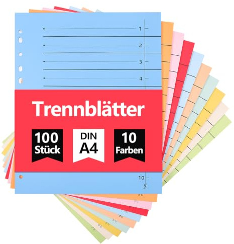 Thboxes 100 Trennblätter, 10 Farben 10-Teilige Ordner Trennblätter Bunte Papier Register mit Linienaufdruck DIN A4 für Ringordner Hebelordner Aktenordner Büro Schule Zuhause