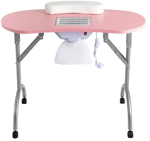 Mesa de manicura plegable con succión, mesa de uñas de MDF y tubo de hierro, mesa de manicura portátil con 4 ruedas y reposamuñecas, para salón de uñas y hogar, color rosa