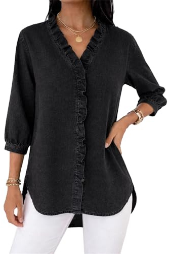 Dam volang trim V-ringad Chambray skjorta - lös passform 3/4 ärm vardaglig tunika blus för 2026 vår sommar denim look blus, Svart, XL