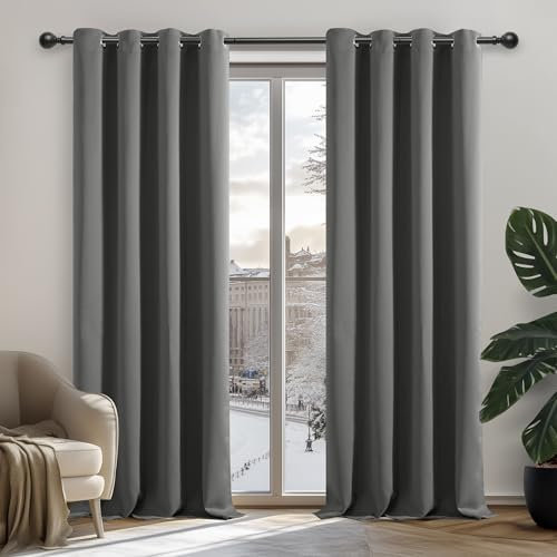 Deconovo Blackout Curtains Fabric 52x63 Inch Thermal Insulated Eyelet Curtains Room Darkening Curtains Ring Top Curtains for Bedroom 52x 63 Light Grey 1 PAIR