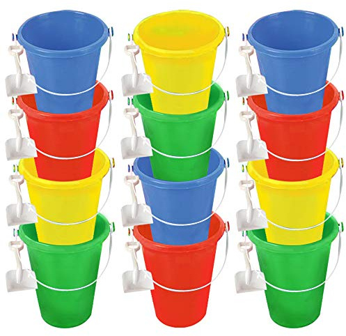 ArtCreativity 6 Inch Mini Plastic Beach Bucket and Shovel Set - Pack of 12 - Assorted Colors Buckets and White Shovels - Summer Beach Toys - Practical Gift, Party Favor and Prize