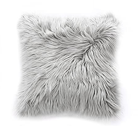 Teppich Wölkchen Fellkissen Kissenbezug mit Füllung - Sofakissen, Couchkissen, Kuschelkissen, Dekokissen - Couch Stuhl Sofa Wohnzimmer Schlafzimmer deko modern waschbar - Grau - 43x43cm