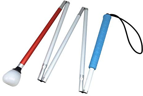 VISIONU Vikbar stång i aluminium med 5 pinnar, rullspets i plast, vit pinne för blinda (blått handtag, 145 cm)