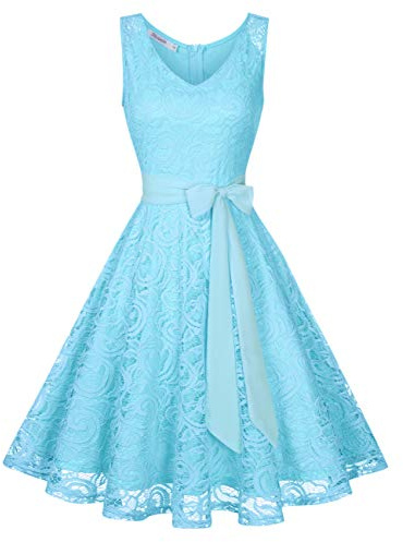 KOJOOIN Vestidos de Dama de Honor Vintage para Mujer hasta la Rodilla Vestido de Encaje Vestido de cóctel Vestido de Fiesta Sin Mangas Azul Cielo L