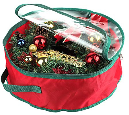 LEMCC 2 bolsas de almacenamiento redondas para corona de Navidad de 40 cm, nailon + PVC, cierre de cremallera, color rojo, caja de almacenamiento para corona de vacaciones con ventana transparente y