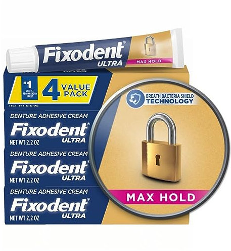 Fixodent Ultra Max Hold Secure Denture Adhesive Cream for Full and Partial Denture Wearers, 2.2oz (Pack of 4)