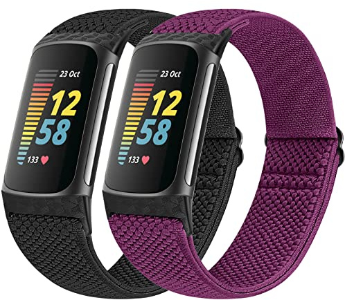 Vodtian Elastic Straps Only Compatible with Fitbit Charge 6/ Charge 5 Strap, 2 Pack Stretchy Adjustable Nylon Loop Braided Replacement Sport Wristband for Charge 5/Charge 6 Activity Tracker Women Men
