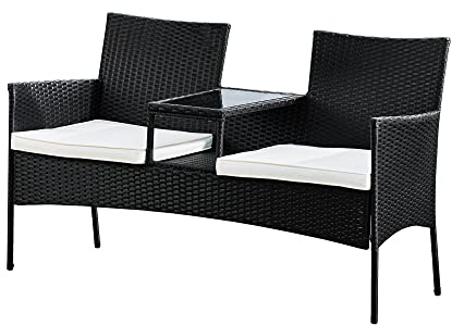 Teamson Home Gartenmöbel, Rattan Korbweide Liebesplatz Bank mit 2 Gepolsterten Sitzen und Integriertem Mittleren Glastisch und Regal, Schwarz