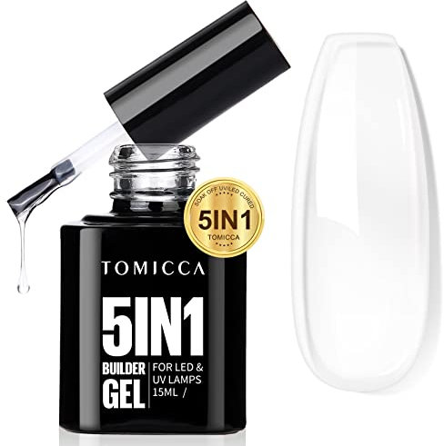 TOMICCA 5 in 1 Builder Nail Gel - Strengthening Gel for Hard Nails & Extensions, Easy to Shape (Clear 15ML)