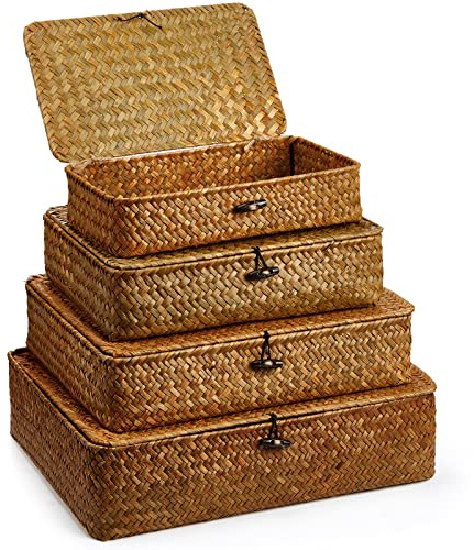Didaey Set of 4 Seagrass Basket with Lid Wicker Storage Basket Decorative Storage Boxes with Lids Flat Storage Bins Woven Organizer Baskets for Shelf Closet Bedroom, 4 Sizes (Brown)