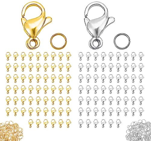 Jaimela 280 Stück Kettenverschluss, 120 Armband Verschluss und 160 Biegeringe, Ketten Verschlüsse, Schmuckverschluss, für für Schmuckherstellung(Verschluss: 12x6mm, Ring: 5mm; Gold und Silber)
