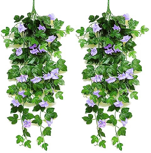 Anttyscar 2 Stück Künstliche Hängende Blumen Deko, Hängenden Künstlich Veilchen, Künstliche Hängepflanzen für Hauswand Drinnen und Draußen Garten Hochzeit Balkon Korbdekoration Blau Lila