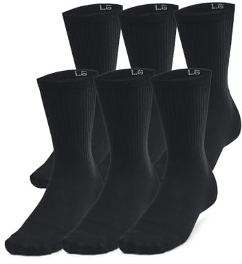Under Armour Unisex Essential 6 Pack Crew, calcetines de gimnasio ultrafinos y ligeros, calcetines deportivos con soporte plantar y tecnología antiolorBlack/Black/Castlerock,MD