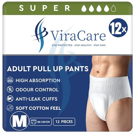 60 x ViraCare Adult Incontinence Pull Up Pants | for Unisex | Heavy Absorbent and Soft-Stretch Waistband | with Leak Stop Guards | Waist Size Medium 65-135 cm | Medium Size | (5 Packs of 12)