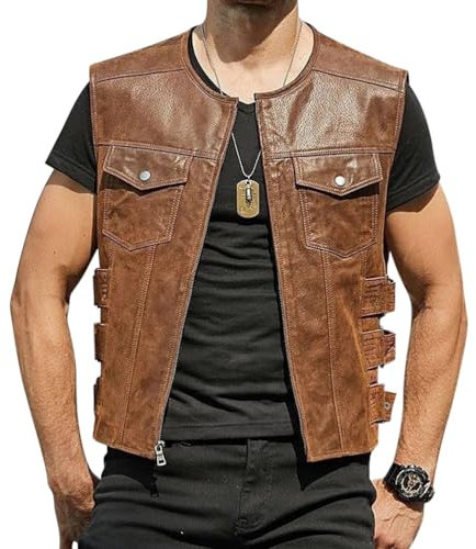 Oanviso Gilet en Cuir pour Homme Veste en Cuir Veste sans Manches Faux Cuir Mode Rétro Moto Gilets avec Fermetures Eclair Gilet en PU-Cuir Blouson Coupe Ajustée A Brun M