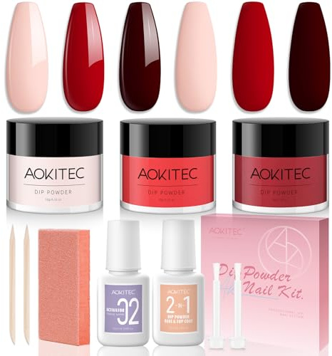 Kit de poudre à ongles Aokitec 3 couleurs - Kit de poudre à ongles rose rouge 10 pièces avec base de trempage 2 en 1 et activateur de couche de finition pour nail art Nail Art Starters