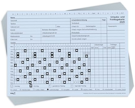 RNKVERLAG Urlaubs- und Fehltagekarte 2025, grafische Darstellung im DIN A5 querformat aus Karteikarton, 10 Stück
