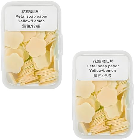 EiEiFiFi 100Pcs Boxes Portable Disposable Soap Paper Mini Scented Slice Sheets with Storage Box Mini Hand Washing Bath Scented Paper Soap for Travel Camping Hiking Outdoor Hand Toiletry Bath (Yellow)
