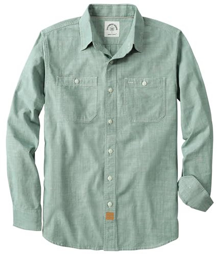 Dubinik® Chambray Shirt Men Long Sleeve Cotton Work Shirts with 2 Pockets Casual Button Down Light Green