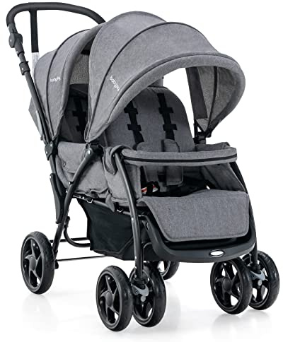 GOPLUS Carrito Gemelar, Silla de Paseo para Gemelos con Respaldo Ajustable, Toldo y Cinturón de Seguridad de 5 Puntos, Cochecito Doble Plegable para Bebés de 0-3 Años (Gris)