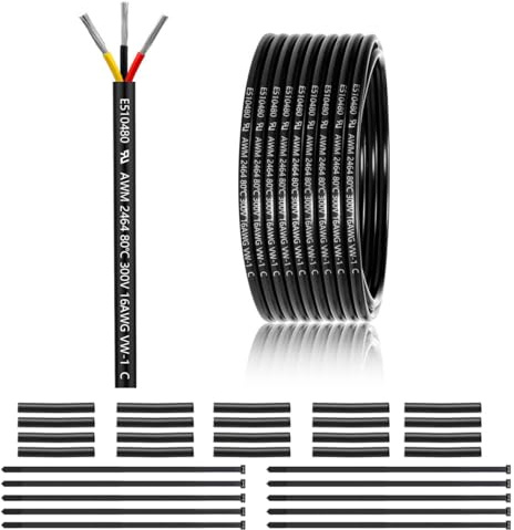 16 AWG 3×1.5 mm² 3 Core Electrical Wire 15M, 16 Gauge 12V/24V PVC Cable | 3 Conductor Tinned Copper Stranded Wire, for LED Strip Lighting, Outdoor Wiring & Automotive Applications, CE Listed