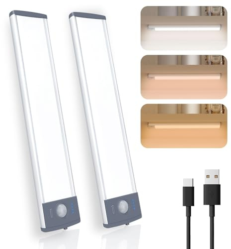 LEPOTEC Schrankbeleuchtung mit Bewegungsmelder-Akku Kabellose 52 LED 3 Farbtemperaturen mit Ladeanzeige Lichtleiste mit USB Type-C Ladung,Selbstklebend für Küchenschrank,Kleiderschrank,Flur, Wand