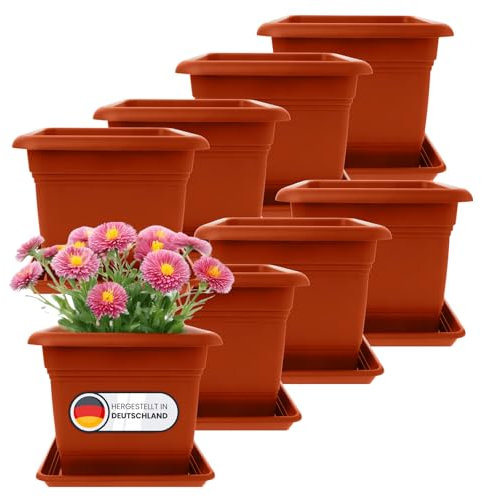 Set di 6 fioriere grandi per esterni, 40 x 40 cm, 46 litri, vaso per piante con sottovaso, vaso in plastica, vasi per fiori, realizzati in Germania, terracotta