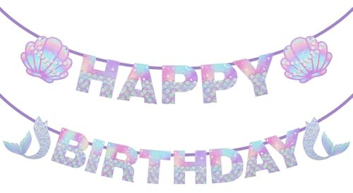 Grevosea Mermaid Birthday Banner, Blue Happy Birthday Banner, Under the Sea Theme Party Decorations, 17 Pieces