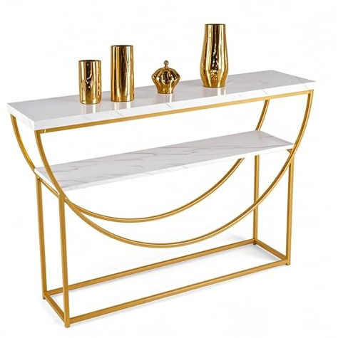 LIFEZEAL Consolle Ingresso, Tavolo Consolle, Moderno, Salvaspazio, Dorato, Oro e Bianco, con Effetto di Marmo, Telaio ad Arco, Console Entrata, Corridoio, in Legno, Metallo, Max 50kg, 120x30x80,5cm