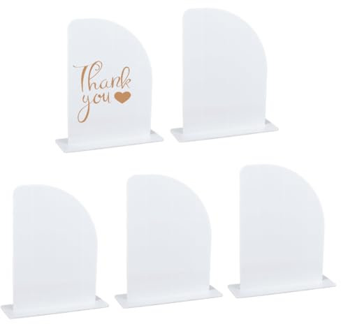 MAYJOYDIY Paquete de 5 letreros acrílicos blancos de medio arco con soporte, medio arco, letrero acrílico en blanco y tarjeta de lugar base, soporte de números de mesa para boda, números de mesa,