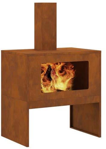 vidaXL Horno de Fuego con Chimenea de Acero Corten 60 x 40 x 95.6 cm Calentar al Aire Libre en tu Patio o balcón. Su diseño Industrial es Impresionante, con una Quema de Madera rectang