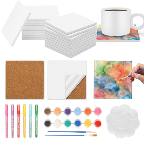 Povxlum Paint Your Own Coasters Coaster Tiles with Cork Sheet Pads DIY Painting, Mosaic Tile Work, Arts and Crafts or Sublimation Blanks 10.2 x 10.2 cm（Square）