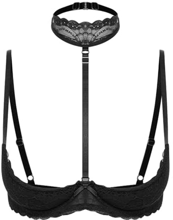 winying Soutien-Gorge Push Up Femme Dentelle Bustier 1/4 de Bonnet Soutien-Gorge Sexy Tour de Cou sans Seins Tops Ouverts Lingerie Erotique Noir M/75B