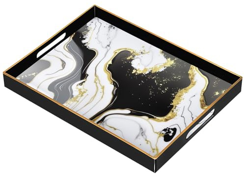 Vassoio da Portata Motivo Marmo, Grande Vassoio Rettangolare con Manici, Vassoio da Caffè Decorativo Vintage, Vassoio da Colazione in Plastica, VAssoio da Candele Infrangibile