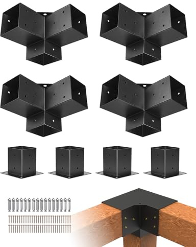 VEVOR Pergola Bracket Kit, 4x4 Inch (Inner Size 3.5x3.5), 4 Pcs 3-Way Heavy Duty Corner Bracket Woodworks DIY Post Base Kit, Easy Installation Wooden Beams for Gazebos, Patio Pergolas, Log Cabin